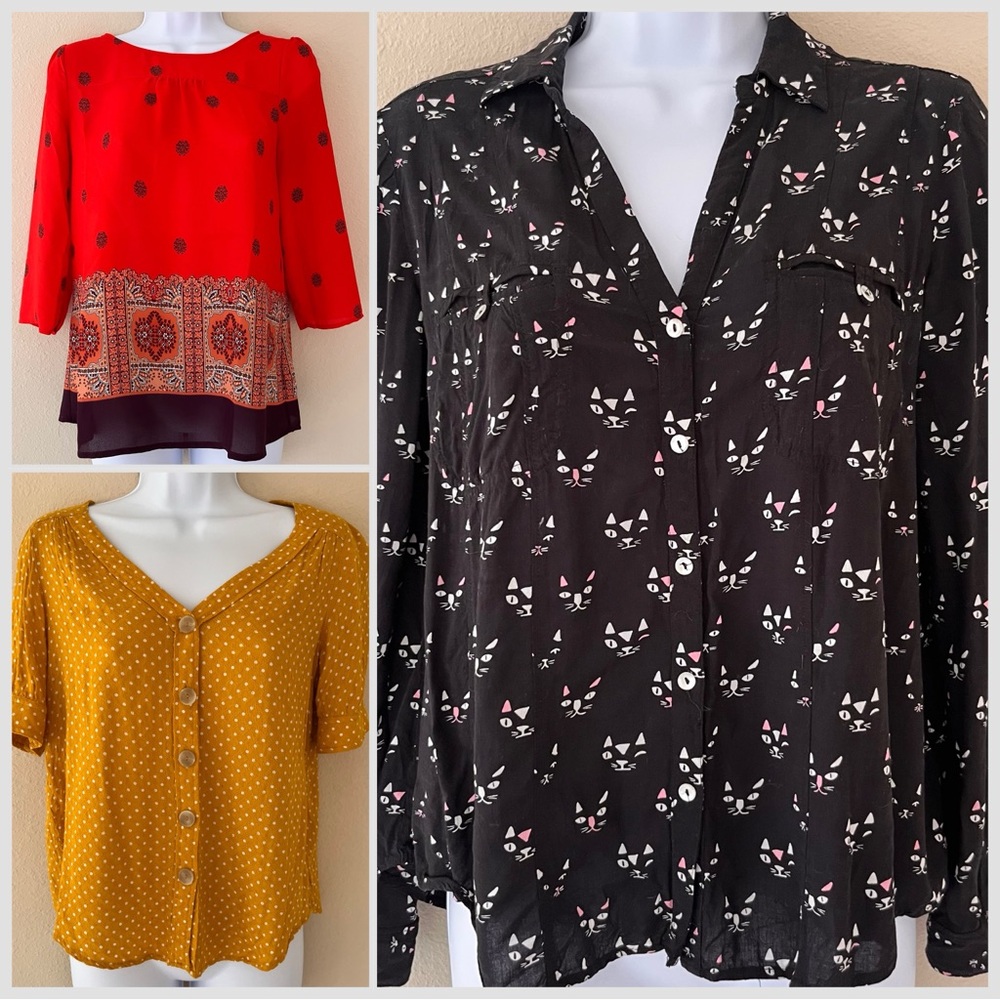 Anthropologie Maeve‎ Lot Bundle Three Tops Size Small XS Cat Print Polka Dot